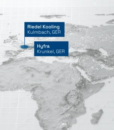 World map with marked locations of the Precision Cooling division in Germany, USA, China and India