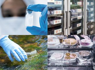Collage of four images with commercial applications: medical storage and preservation, medical refrigerators, filtration, sampling, refrigerated counters