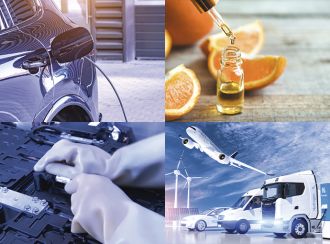 Collage of four images of applications that will become increasingly important in the future:  E-mobility, extraction, IT & data, hydrogen.