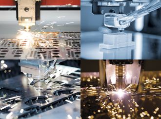Collage with four pictures visualizing industrial cooling: Laser machine tools, laser cutting machines, 3D printing machines. 