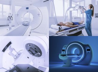 Collage with four images visualizing medical cooling: MRI, CT, X-ray, angiography.