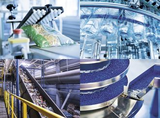 Collage of four pictures: Packaging machine, plastic bottle production, recycling, plastic processing
