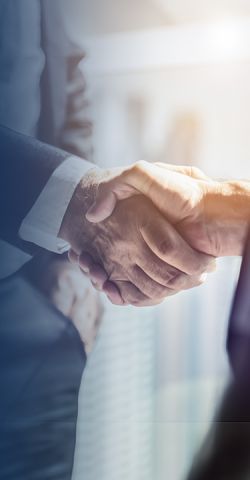 Two business people shake hands.