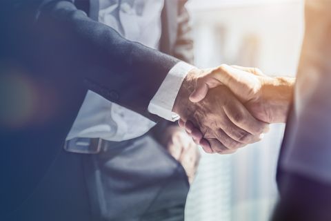 Two business people shake hands.
