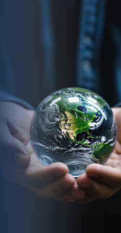 A man holds a globe in his hands.
