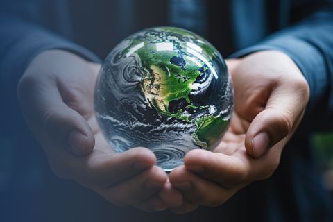 A man holds a globe in his hands.